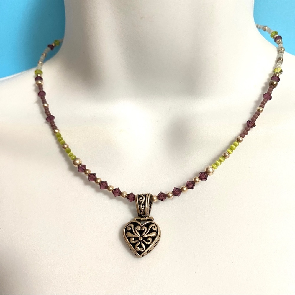 925 Silver Heart Charm Natural Beads Necklace